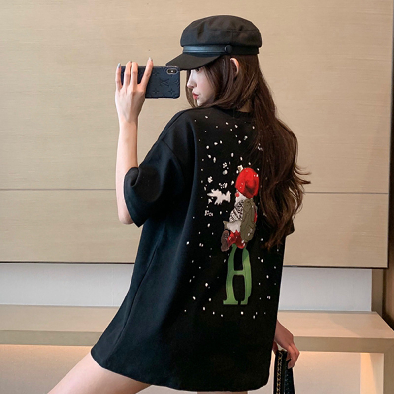 Black short sleeve T-shirt woman 2020 Summer new ins Chaozy Lazy Print Medium Long Version Blouse Big Size Clothes