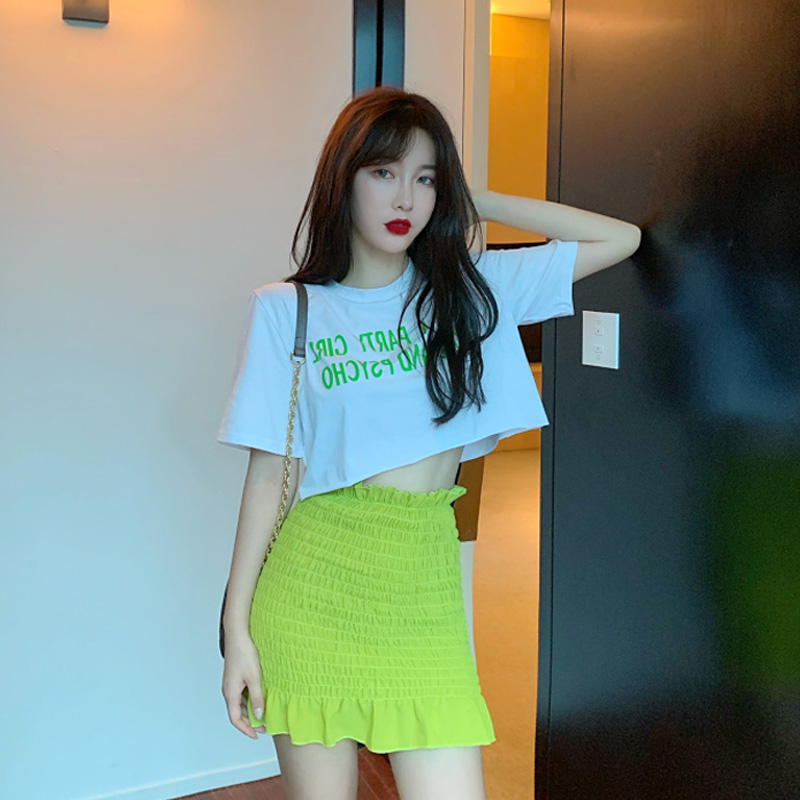 Small frescoed suit female sweet and small sub-high polo printed T-shirt Sexy pleated half body dress Two sets summer