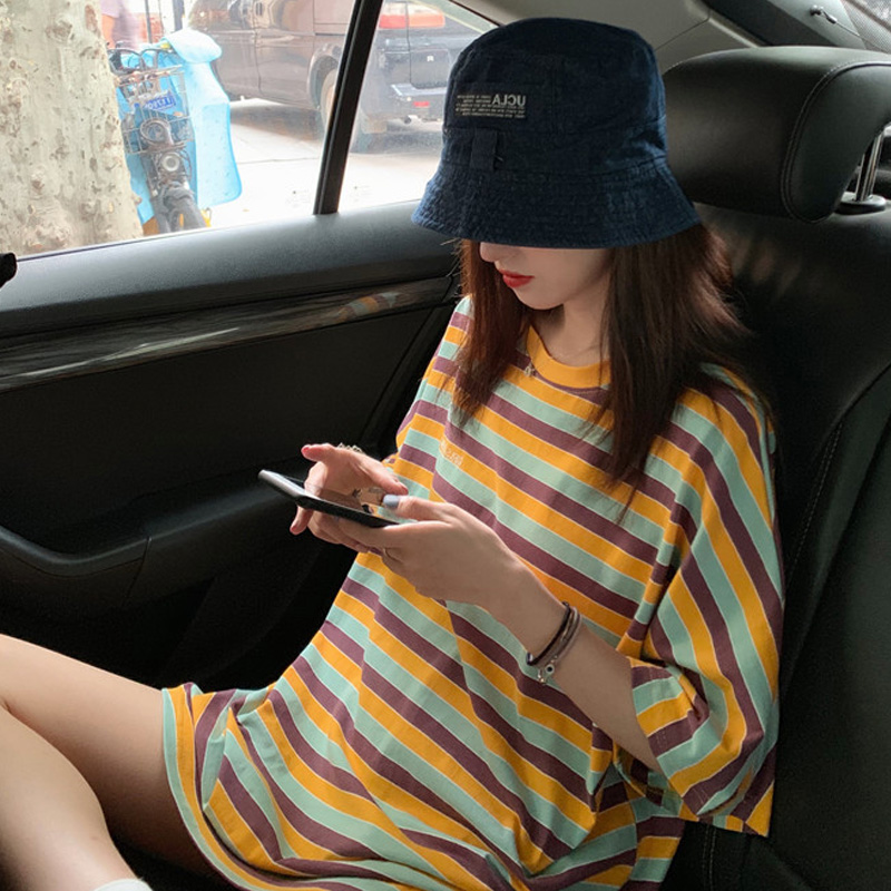 Large size short sleeve T-shirt women's 2020 summer net red loose stripes long T-shirt ins super fire Joker tide coat