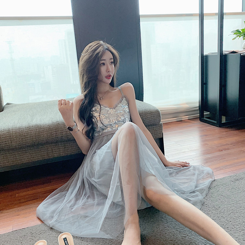 Large size dress for children 2020 new superfairy sexy hanging band dress with waist temperament bright sheet net yarn fairy ocean dress damp