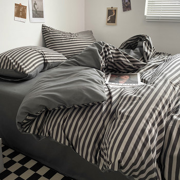 Muji-Style Buttoned Non-Cotton Four-Piece Set Student Dormitory Three-Piece Set 1.2 Bed Single/Double Striped Plaid 4