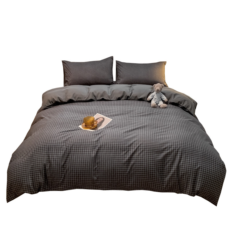 Simple Washed Cotton Four-Piece Set, Solid Color Plaid Stripe Four-Season Duvet Cover, Student Dormitory Bed Single Bed Fitted Sheet Three-Piece Set