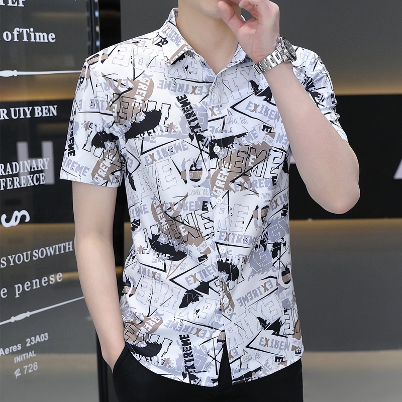 2024 Summer Short-Sleeved Shirt for Men, Trendy Brand Printed Shirt, Summer Wear, Ice Silk Half-Sleeve Letter Print, No-Iron Shirt