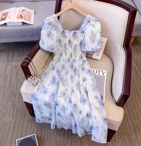 Шифоновое летнее платье, длинная юбка, цветочный принт, французский стиль, средней длины