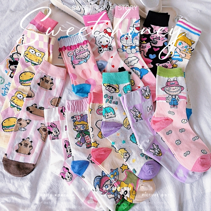 Cute Cartoon Personality Pink Mid-Calf Socks for Women, Trendy Summer Socks That Go Well with Sandals and Dad Shoes Cute Cartoon Personality Pink Mid-Calf Socks for Women, Trendy Summer Socks That Go Well with Sandals and Dad Shoes