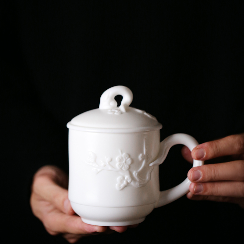 Siyu's new sheep fat jade porcelain mug water cup ceramic large-capacity tea cup office personal cup with lid cup holder