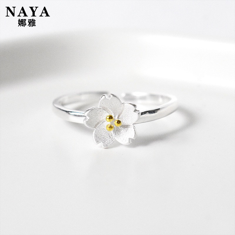 Three-dimensional cherry blossom ring sterling silver Japanese and Korean style personality flower ring 2020 plain silver hypoallergenic female ring fashion all-match