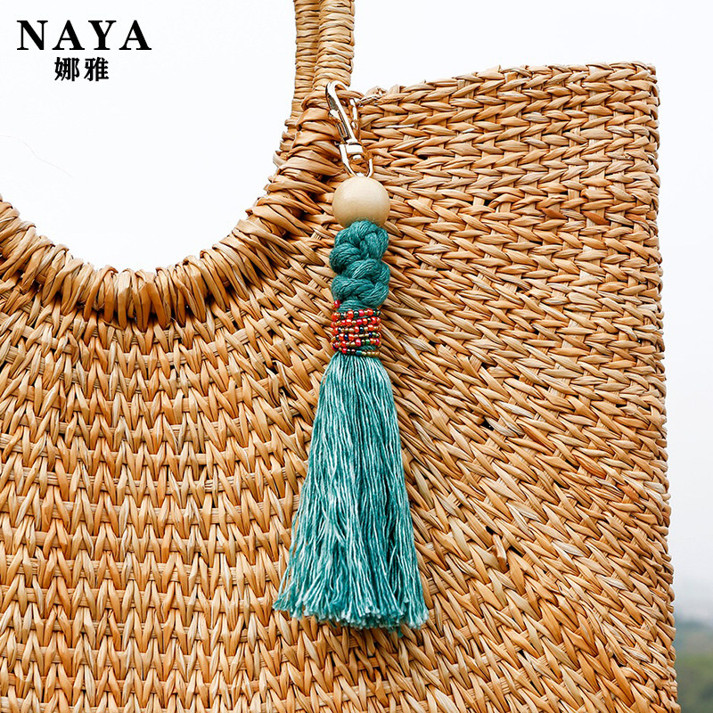 Tassel keychain hand-woven bohemian style rice bead wood beads cotton rope knot pendant women's summer bag pendant