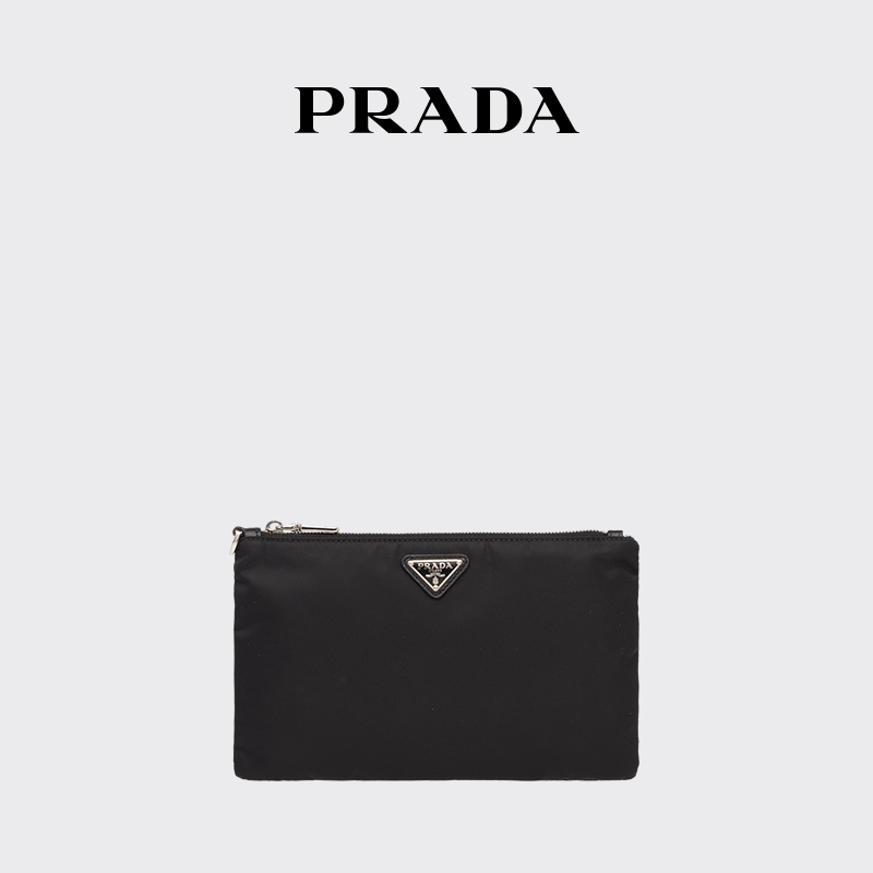 Prada Men's Clutch Bag with Metal Logo in Recycled Nylon and Leather