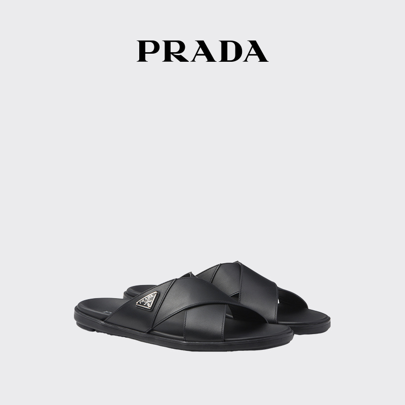 Prada Men's Leather Cross Slippers with Metal Logo