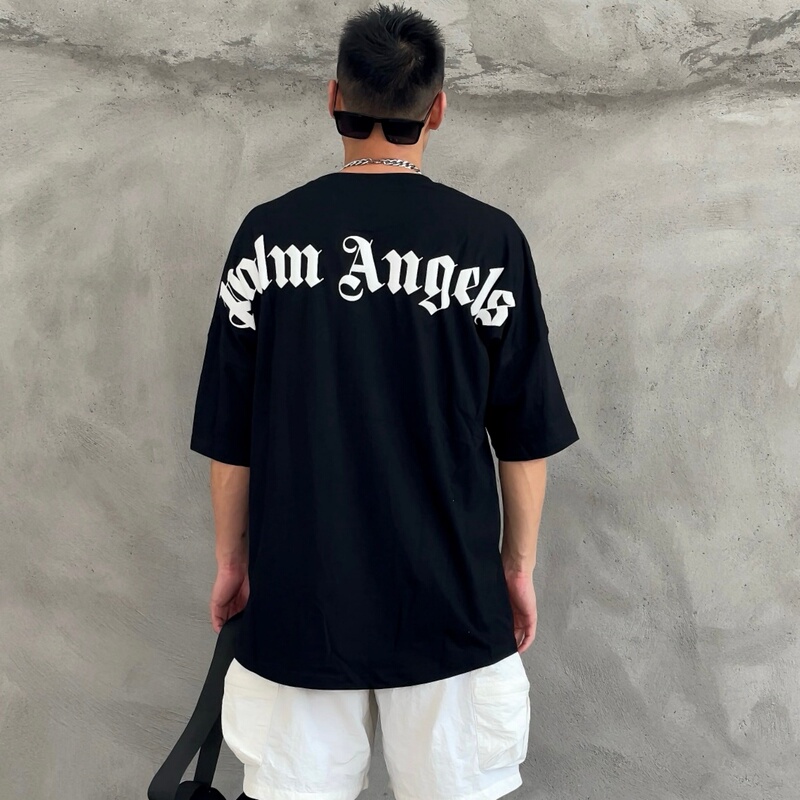 Palm Angels Lettering on the Back Foam Print Drop Shoulder Short Sleeve Crew Neck Loose Unisex T-Shirt Trendy