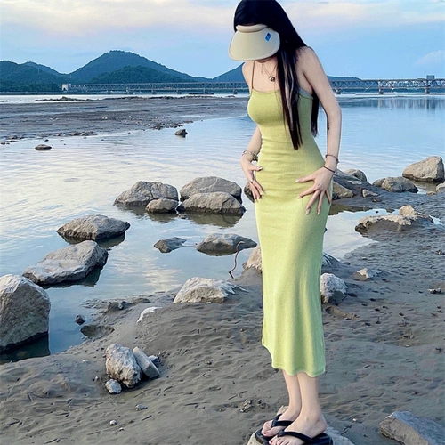 Летний сексуальный зеленый рюкзак, длинная юбка, жилет, платье, эффект подтяжки, с открытой спиной, с акцентом на бедрах