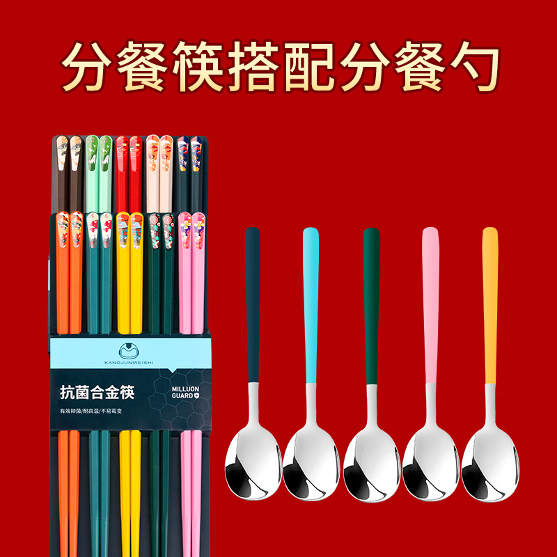 Household Alloy Chopsticks and Spoon Set, Exquisite, Color-Coded for a Family of Four, Non-Slip, Antibacterial, Anti-Mold, Individual Chopsticks for Each Person