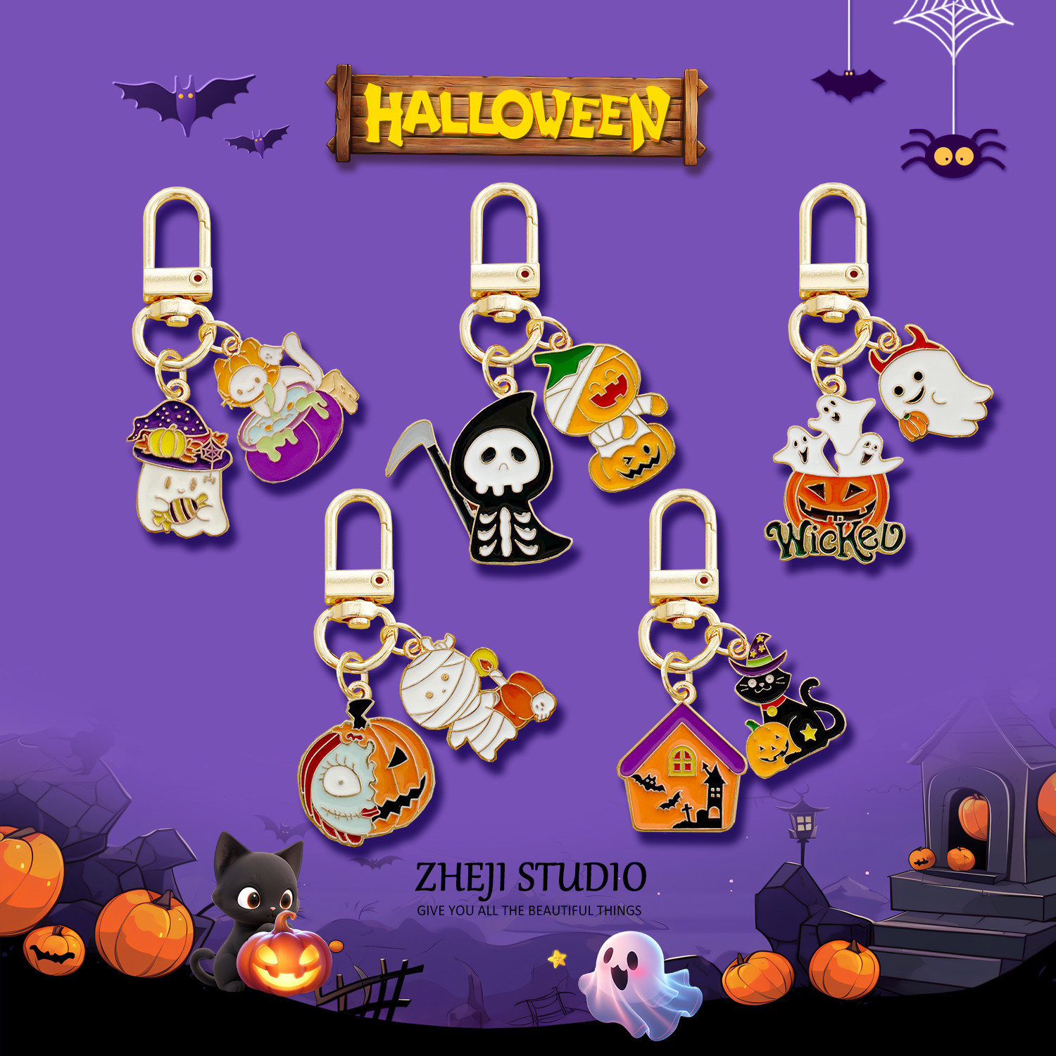 Halloween metal keychain, cute ghost skull student bag charm, event gift