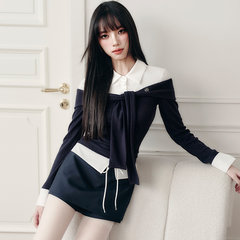 Fragileheart Fragile Store·Intelligent Mist One-Shoulder Strap Spliced Knitted Shirt and Skirt Set Fragileheart Fragile Store·Intelligent Mist One-Shoulder Strap Spliced Knitted Shirt and Skirt Set