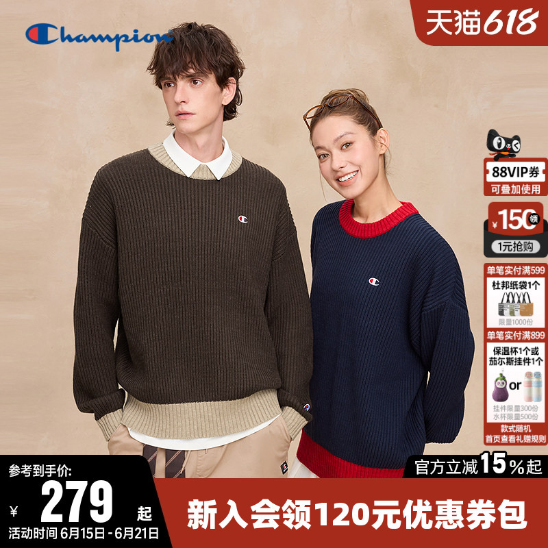 Champion Sweater for Women, Spring Couple Color-Blocked Knitwear, Round Neck Casual Long-Sleeve Loose Knitwear for Men