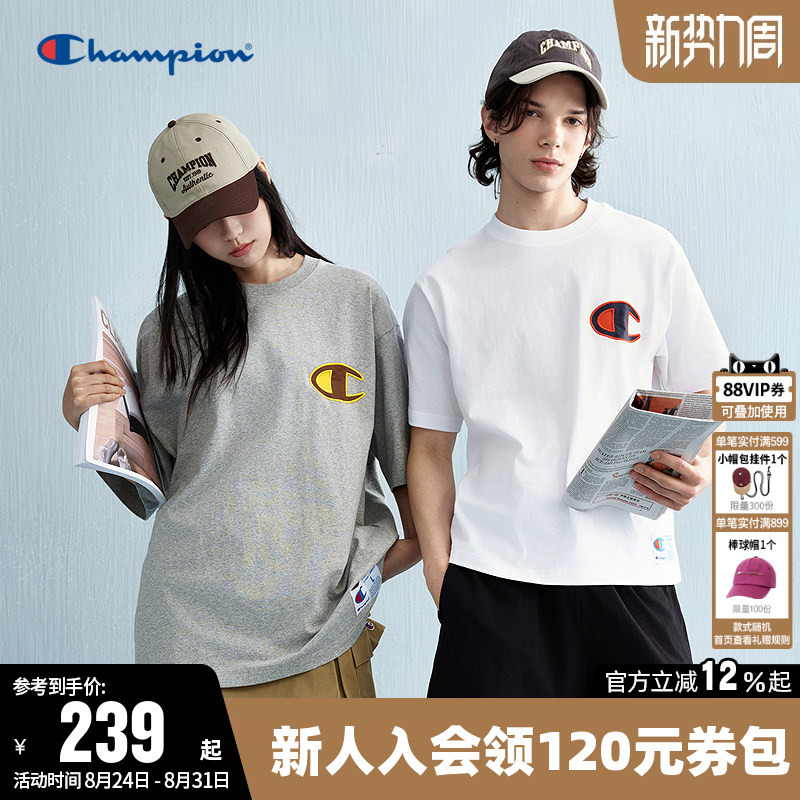 Champion T-Shirt for Women, Summer Embroidered Large C Logo, Pure Cotton, Breathable, Couple's Round Neck Short-Sleeve Top for Men