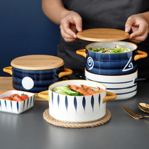 Jingsheng Japanese style double ear soup bowl Ceramic Foam Noodle Bowl with lid Large Number of Home Noodle Bowl Soup Bowls Nets Red Creative Salad Bowl