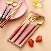 Western Dining Cutlery Knife Fork Spoon Home Stainless Steel Spoon Fork Chopsticks Three Sets of Rinds Wind Steak Knife Fork Suit