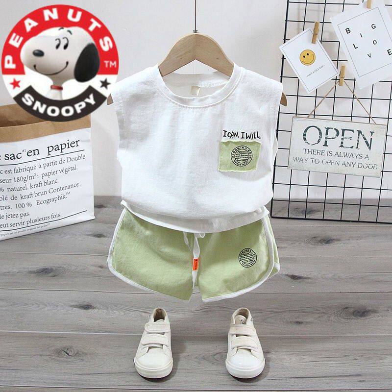 The Snubi boy 2022 new summer clothing small and medium children Summer handsome gas canon shoulder baby vest two sets