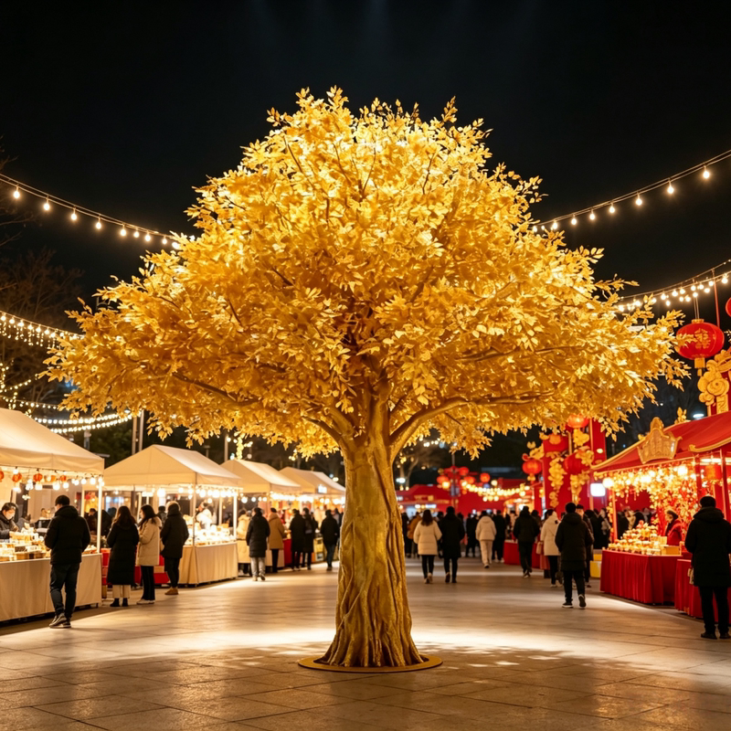 Artificial Golden Banyan Tree, Wishing Tree, Yellow Tree, New Year Money Tree, Fake Fortune Tree, Red Envelope Tree, for Hall, Shopping Mall, and Tourist Attractions, Made of Fiberglass