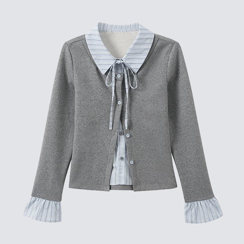 Boutique Women's Korean-Style Shirt with Patchwork Design, Faux Two-Piece Long-Sleeve Top, Versatile and Youthful Slimming T-Shirt with Trendy Design Boutique Women's Korean-Style Shirt with Patchwork Design, Faux Two-Piece Long-Sleeve Top, Versatile and Youthful Slimming T-Shirt with Trendy Design