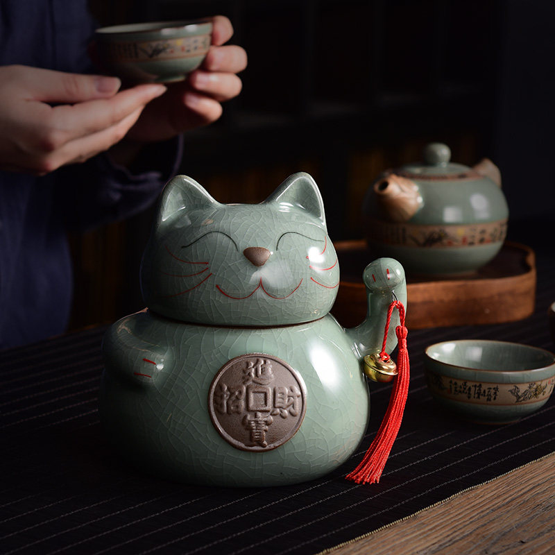 Lucky cat tea pot gift box empty new universal green tea black tea leaf pot Ceramic medium sealed pot double jar