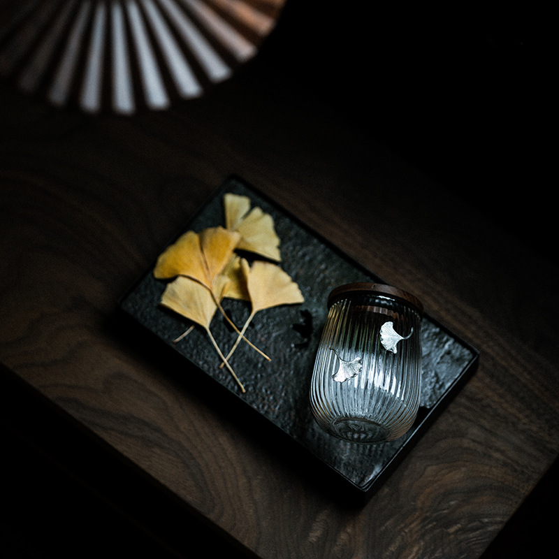 Glass tea can Wooden lid Kung Fu tea storage tea can Japanese tea can storage sealed flower tea storage storage tank