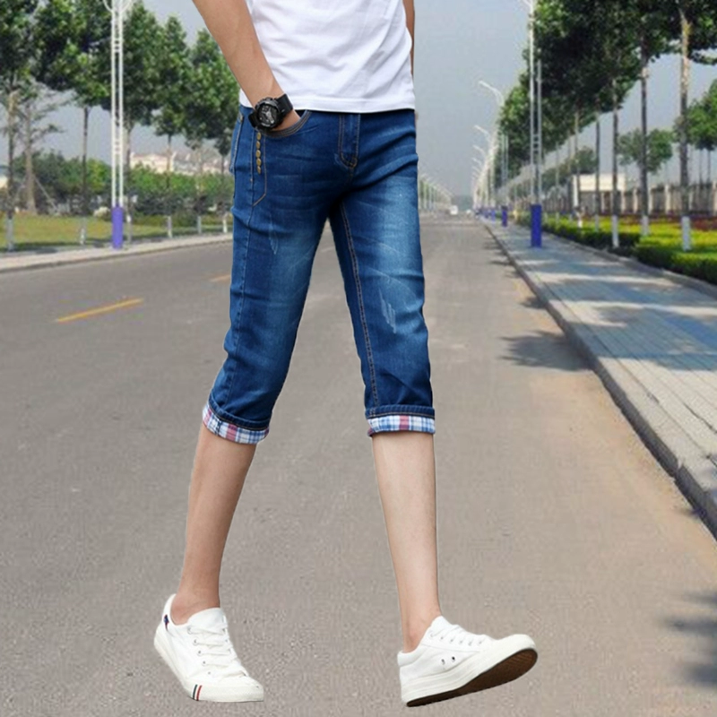 Mùa hè co giãn quần nam denim quần short denim trẻ trung Phiên bản Hàn Quốc của quần tất nam phù hợp với quần 7 điểm - Quần jean