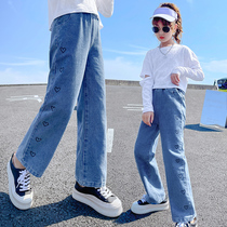 Girl Pants Spring Autumn 2021 New CUHK Child Loose Straight Drum Jeans Children Fit Autumn Han Version Broadlegged Pants