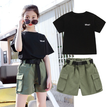 Girls Summer Suite 2022 New Korean version Children Overalls Two sets of great children dress girl foreign air trendy summer clothing