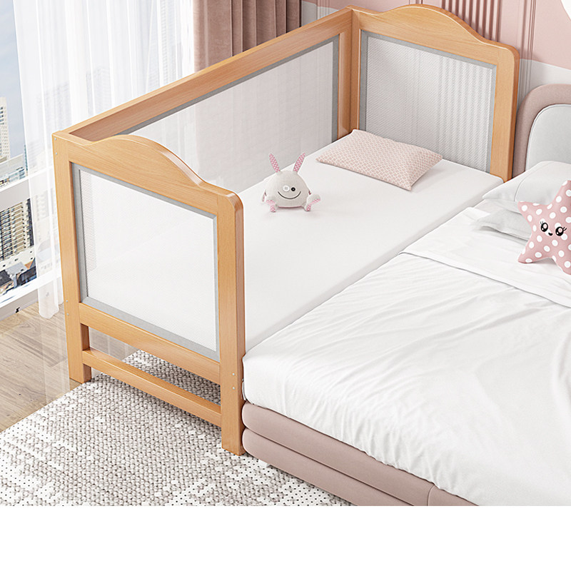 Solid wood children's bed with high mesh cloth guardrail boy and girl extended edge plus broadband fence beech baby cot splicing bed