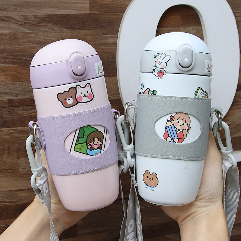 Cute simple student thermos cup girl child cute girl heart portable with straw diagonal water cup primary school students