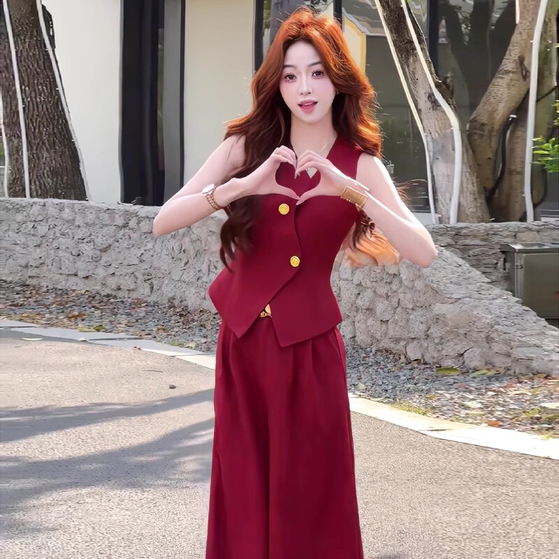 Retro High-End Fashion Suit for Women, Summer Elegant, Red Sleeveless Vest Top, Waist-Cinching Wide-Leg Pants Two-Piece Set