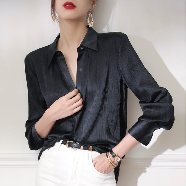 Acetate shirt women's long-sleeved high-end pleated high-end solid color temperament silk shirt women's loose cupro silk top