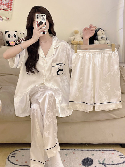Chinese Style Panda Pajamas for Women, Spring and Autumn Ice Silk Short-Sleeved and Long-Sleeved with Chest Pads, Large Size Three-Piece Set, Summer Loungewear