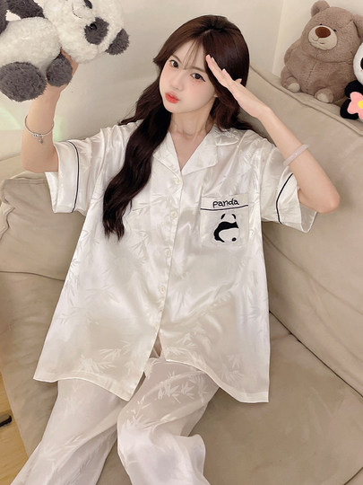 Chinese Style Panda Pajamas for Women, Spring and Autumn Ice Silk Short-Sleeved and Long-Sleeved with Chest Pads, Large Size Three-Piece Set, Summer Loungewear