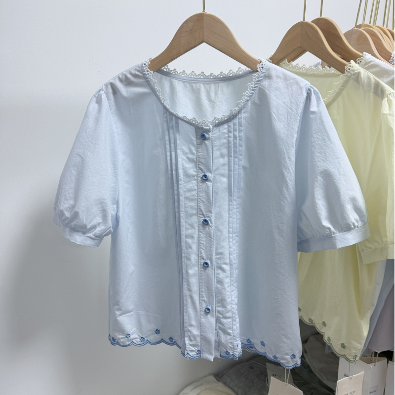 Lace-Trimmed Round-Neck Short-Sleeved Shirt for Women 2026 Summer New Korean Style Loose Casual Versatile Top for Small People