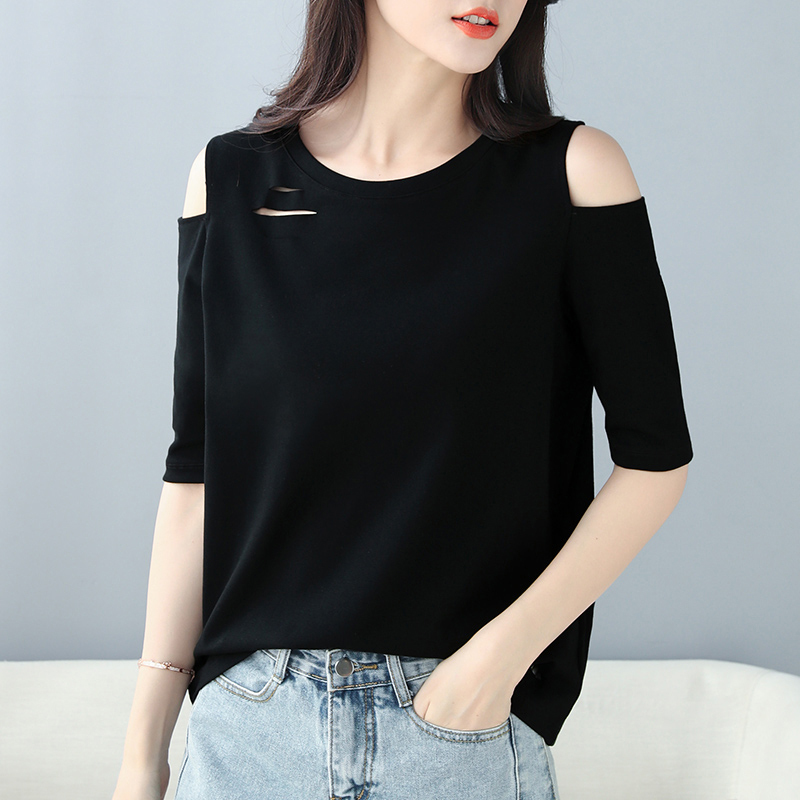 Black Mid-Sleeve T-Shirt for Women, Loose and Versatile, with Distressed Cutouts, Off-Shoulder, Ribbed, Solid Color, Round Neck, Five-Quarter Sleeve Top Black Mid-Sleeve T-Shirt for Women, Loose and Versatile, with Distressed Cutouts, Off-Shoulder, Ribbed, Solid Color, Round Neck, Five-Quarter Sleeve Top