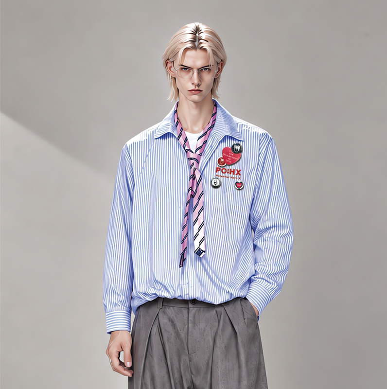 Po:Hx【He Jiashu】Same Style Fake Two-Piece 3D Embroidery DIY Medal Blue Striped Casual Long-Sleeve Shirt Po:Hx【He Jiashu】Same Style Fake Two-Piece 3D Embroidery DIY Medal Blue Striped Casual Long-Sleeve Shirt