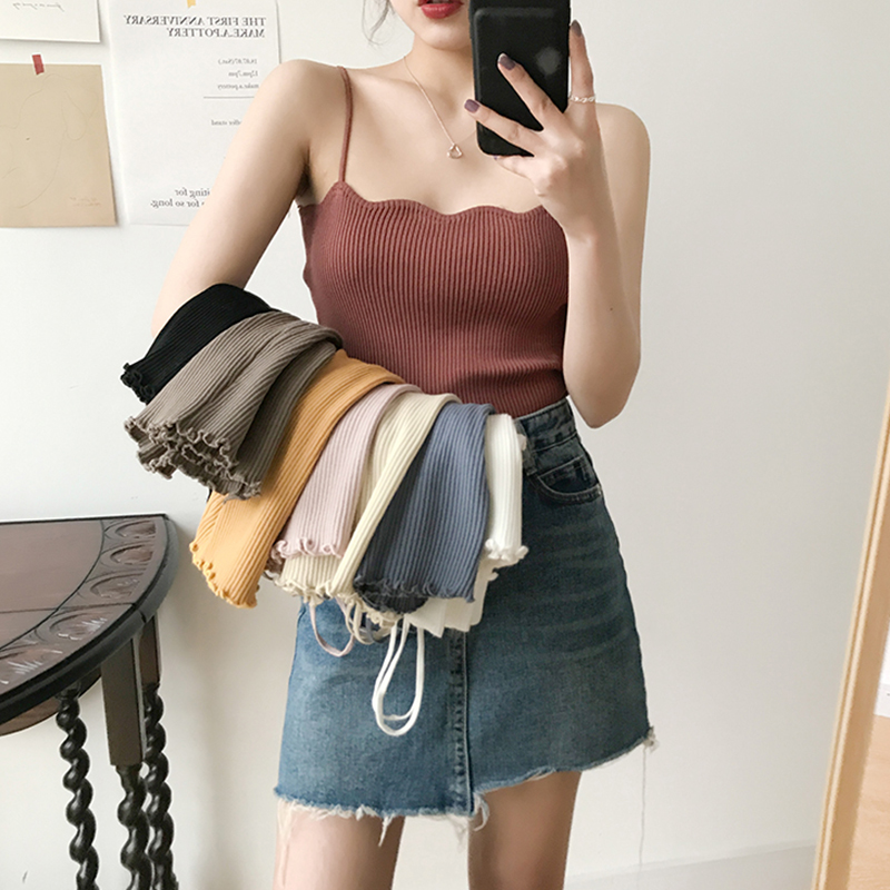 Wooden ear side small condole belt female summer wear Hong Kong flavor retro sleeveless top base knitted vest Korean sexy interior