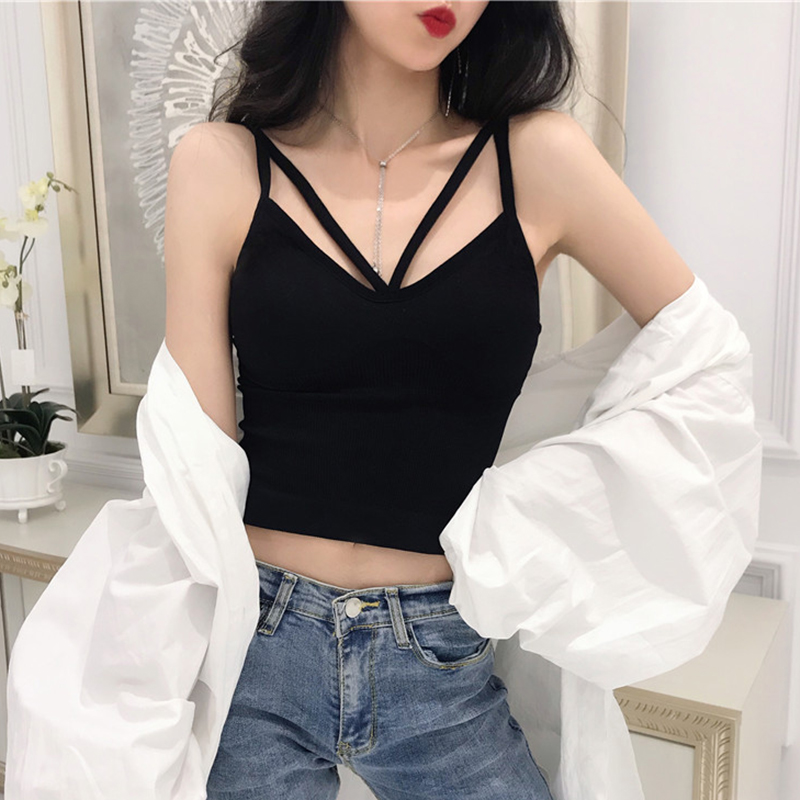 Black strapless bottoming with chest pad suspender top with cross V-neck collarbone beauty back sexy vest for women