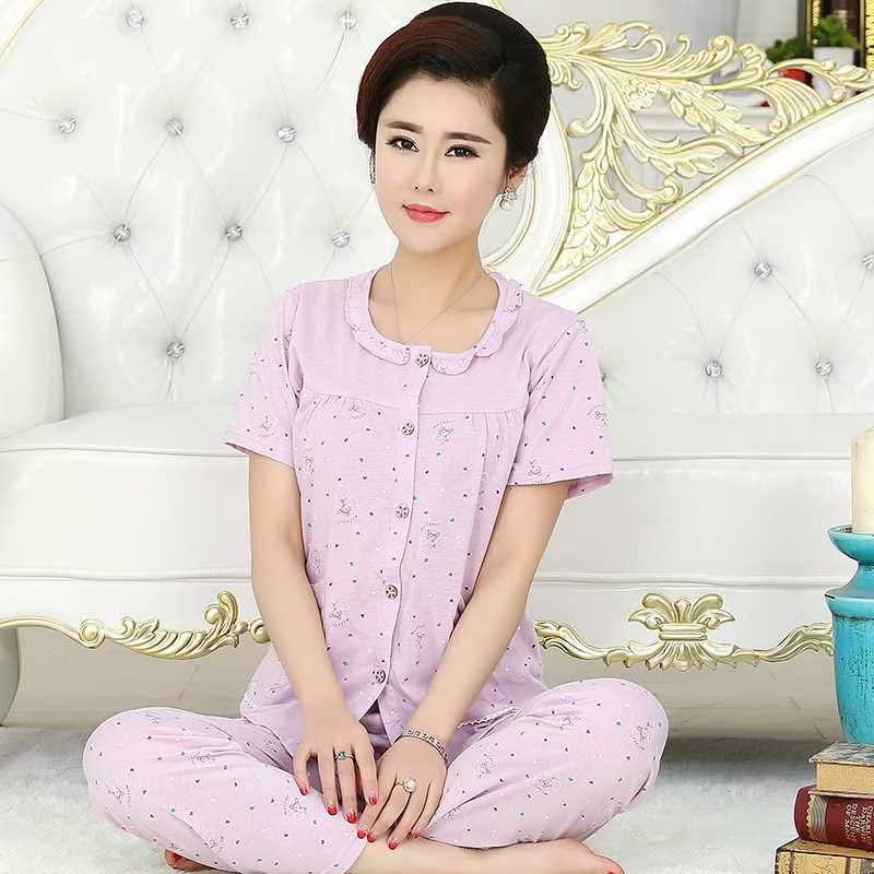 quần ngắn tay trung niên thời trang pajama set mùa xuân và mùa hè gửi mẹ có kích thước bãi mất quần áo nhà thoải mái.