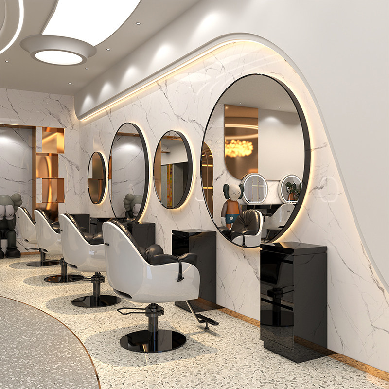 Hairdressing shop wall-mounted net red barber mirror table hair salon special wall-mounted hair-cut mirror with LED round mirror touch switch