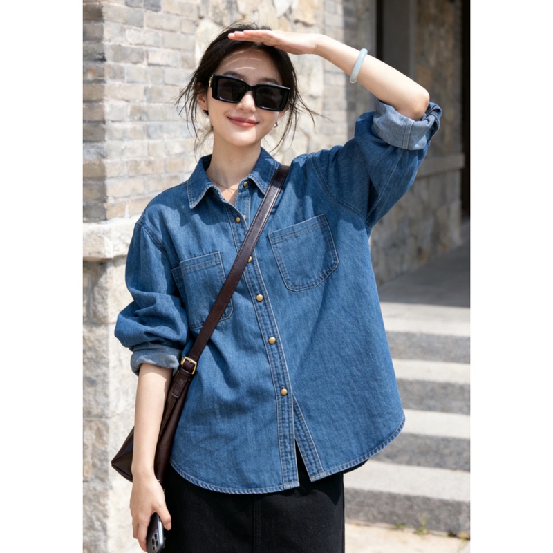 Spring New Style Retro Blue Long-Sleeved Denim Shirt for Slightly Chubby Girls, Loose Fit, Slimming, Layered Casual Jacket, Trendy