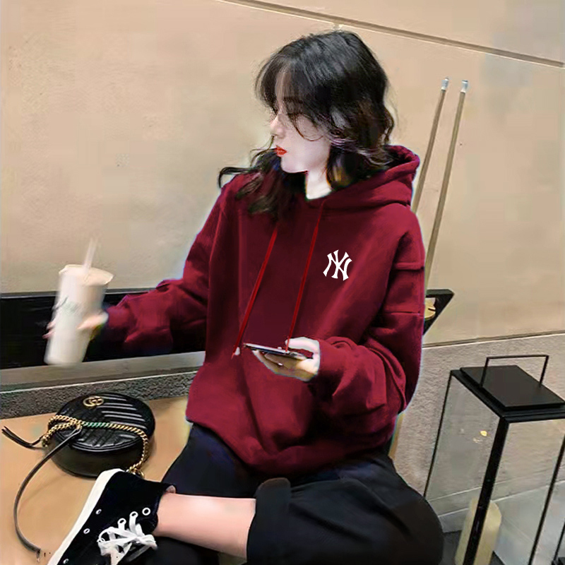 Trendy Burgundy Sweatshirt for Women 2026 New Style Fleece-Lined Hooded Mid-Length Pure Cotton Plus Size Autumn and Winter Butt-Covering Jacket