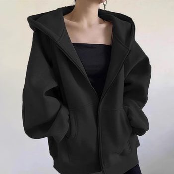 Black sweatshirt jacket women's loose cardigan hooded top
