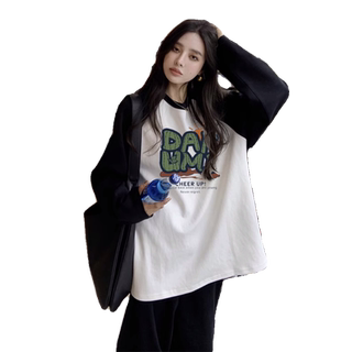 Color-blocking ragdoll sleeves t-shirt for women pure cotton loose base shirt