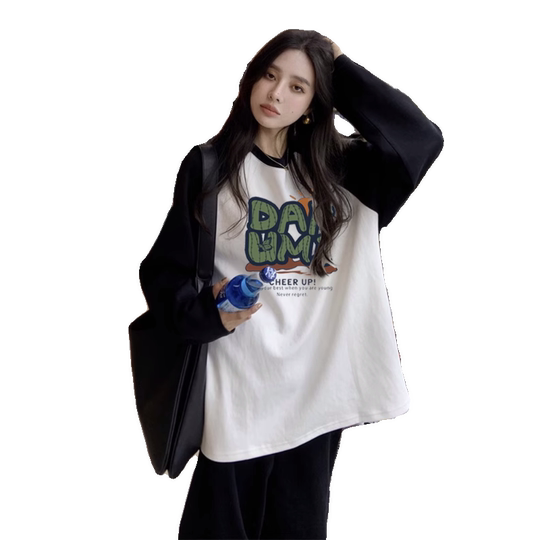Color-blocking ragdoll sleeves T-shirt for women pure cotton loose base shirt