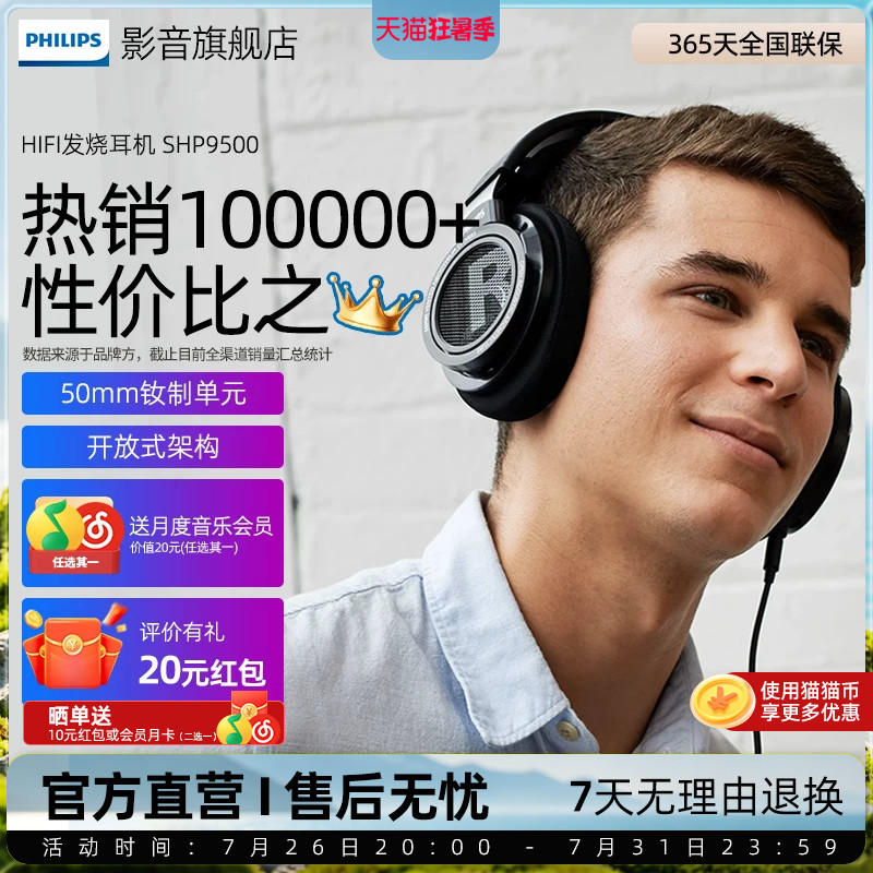 Philips Shp9500 Wired Over-Ear Headphones Hifi Music Monitoring Open 9600 Original Gaming Headset